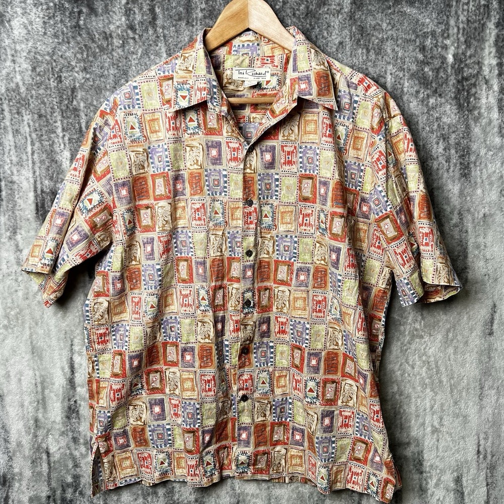 Tori Richard Shirt Mens Large Red Green Button Up Cotton Lawn Geometric Floral